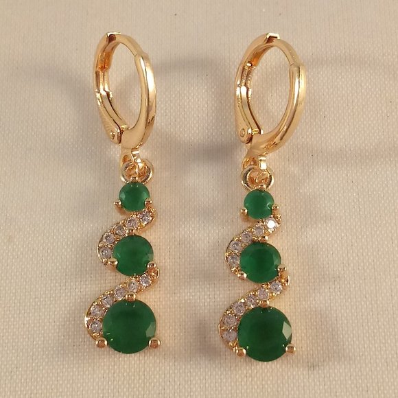 18K Yellow Gold Filled Jade Green Diamond Zircon Layer Swirl Dangle Earrings - Picture 2 of 4
